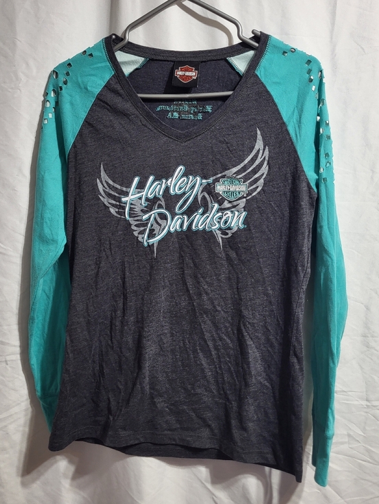 Harley-Davidson Tops - Harley-Davidson Teal & Charcoal V-Neck Raglan Long Sleeve Top, Size Small